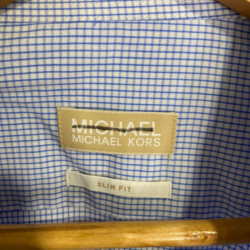 New! Michael Kors Blue & White Check Button Up Slim Fit - Picture 3 of 4